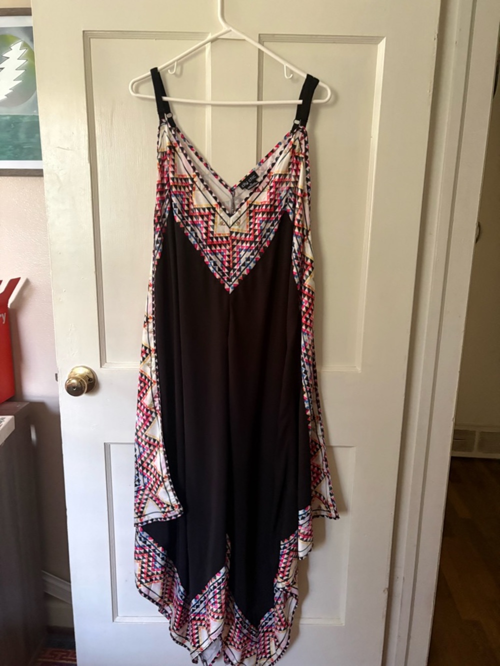 City Chic Black High-Low Dress with Multicolor Geometric Trim
